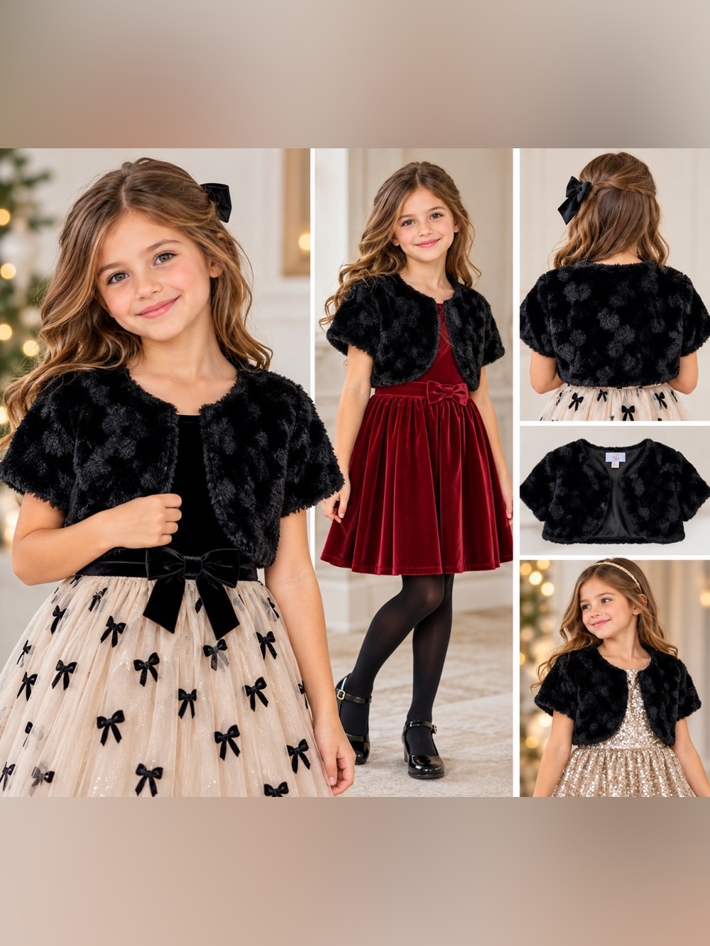 GB Girls L/XL Black Faux Fur Bolero Wrap Shrug Shaw Elegant Party Coat